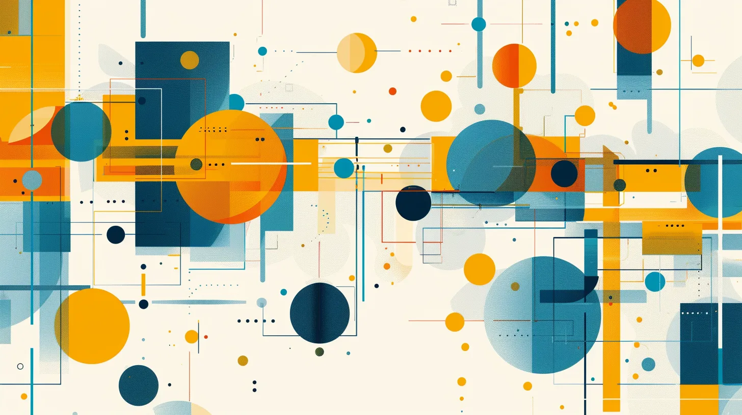 Bauhaus-style geometric composition in amber and teal on a pale ground