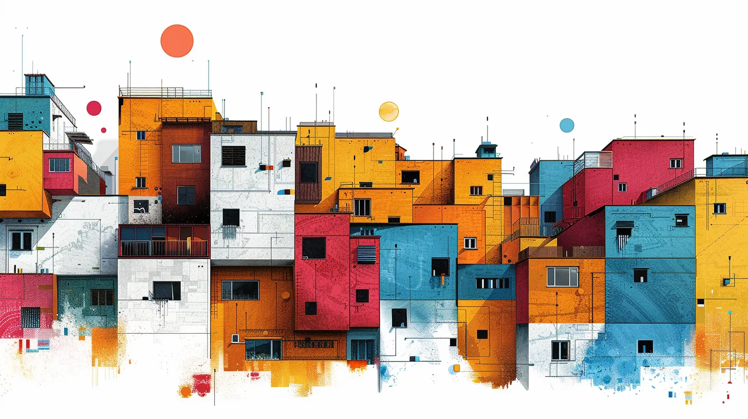 Illustration of densely stacked, brightly coloured building facades