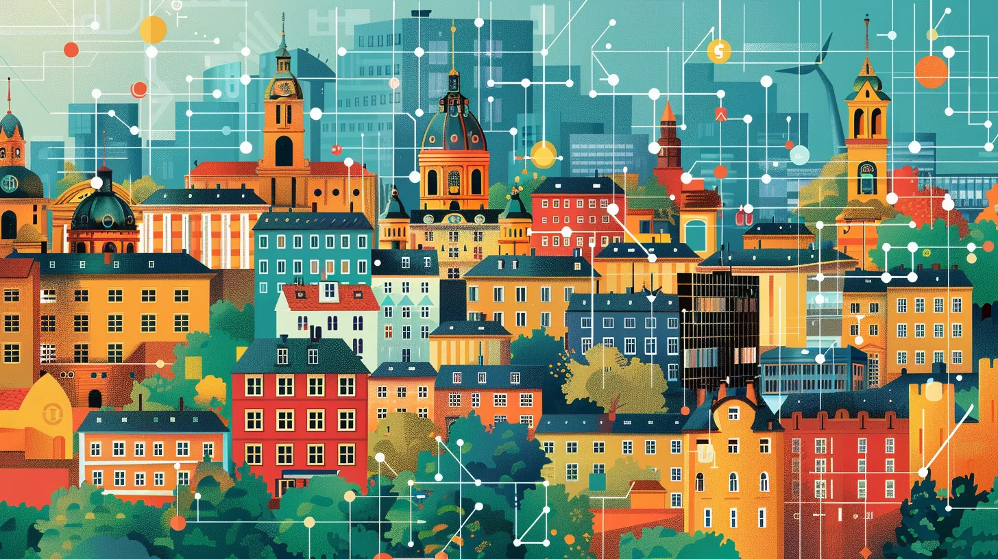 Illustration of a city drawn as a network of connected points and lines